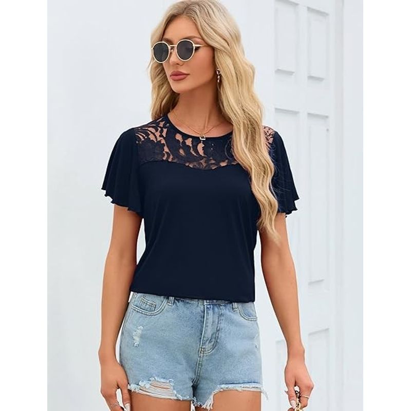 Fashion, accesorii si bijuterii - Femei - Imbracaminte femei - Camasi si bluze femei - Bluza lejera pentru femei, maneci scurte, dantelate, albastra 2XL - Infinity.ro