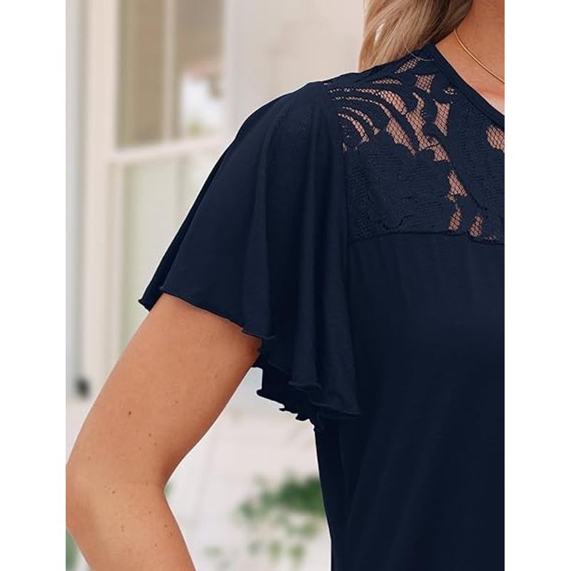 Fashion, accesorii si bijuterii - Femei - Imbracaminte femei - Camasi si bluze femei - Bluza lejera pentru femei, maneci scurte, dantelate, albastra 2XL - Infinity.ro