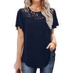 Fashion, accesorii si bijuterii - Femei - Imbracaminte femei - Camasi si bluze femei - Bluza lejera pentru femei, maneci scurte, dantelate, albastra 2XL - Infinity.ro