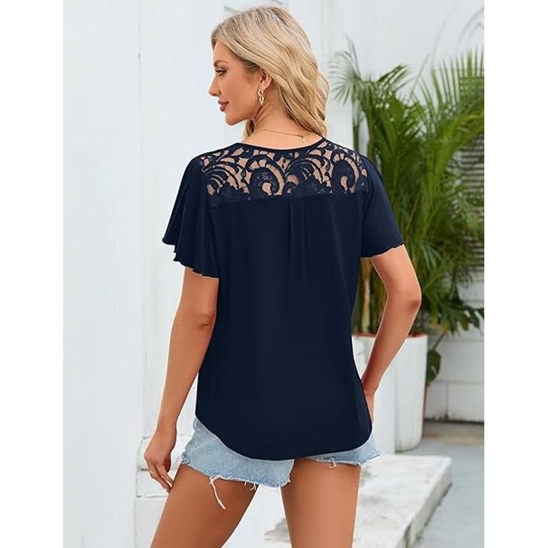 Fashion, accesorii si bijuterii - Femei - Imbracaminte femei - Camasi si bluze femei - Bluza lejera pentru femei, maneci scurte, dantelate, albastra 2XL - Infinity.ro