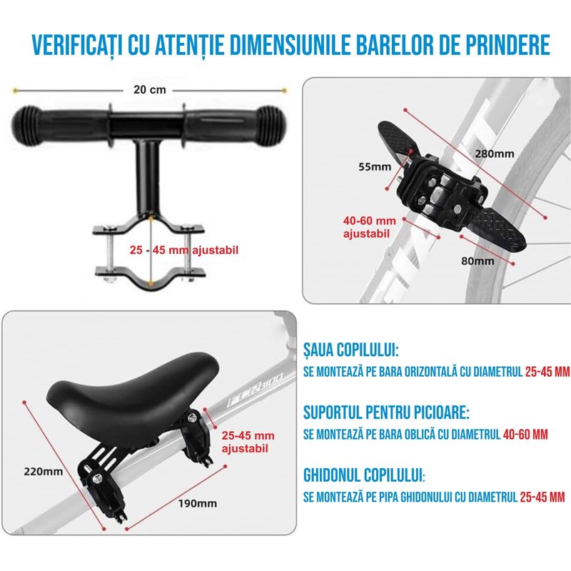 Sport si Outdoor - Ciclism - Accesorii pentru biciclete - Scaune copii pentru biciclete - Scaun copil pentru bicicleta cu montaj pe cadru cu ghidon auxiliar pentru copil, varsta 2-5 ani, capacitate 22 kg - Infinity.ro