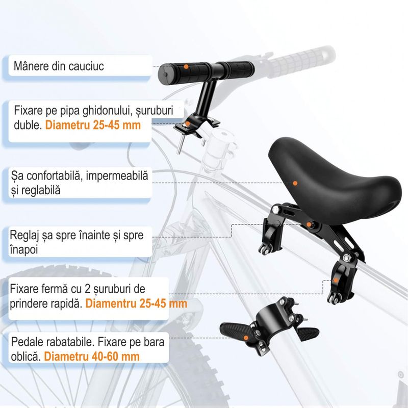 Sport si Outdoor - Ciclism - Accesorii pentru biciclete - Scaune copii pentru biciclete - Scaun copil pentru bicicleta cu montaj pe cadru cu ghidon auxiliar pentru copil, varsta 2-5 ani, capacitate 22 kg - Infinity.ro