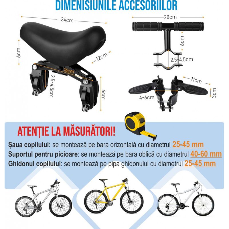 Sport si Outdoor - Ciclism - Accesorii pentru biciclete - Scaune copii pentru biciclete - Scaun copil pentru bicicleta cu montaj pe cadru cu ghidon auxiliar pentru copil, varsta 2-5 ani, capacitate 22 kg - Infinity.ro