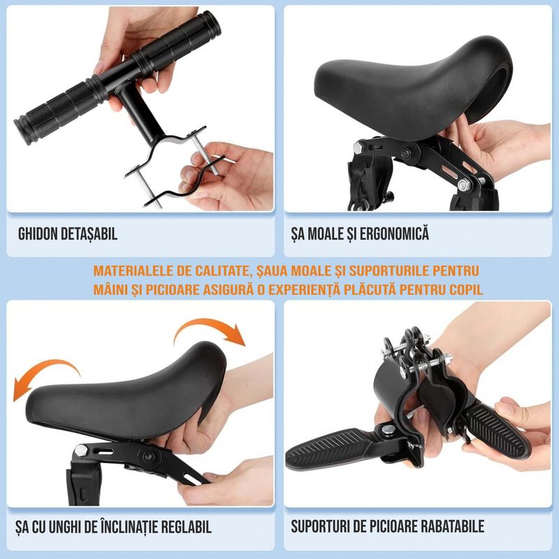 Sport si Outdoor - Ciclism - Accesorii pentru biciclete - Scaune copii pentru biciclete - Scaun copil pentru bicicleta cu montaj pe cadru cu ghidon auxiliar pentru copil, varsta 2-5 ani, capacitate 22 kg - Infinity.ro