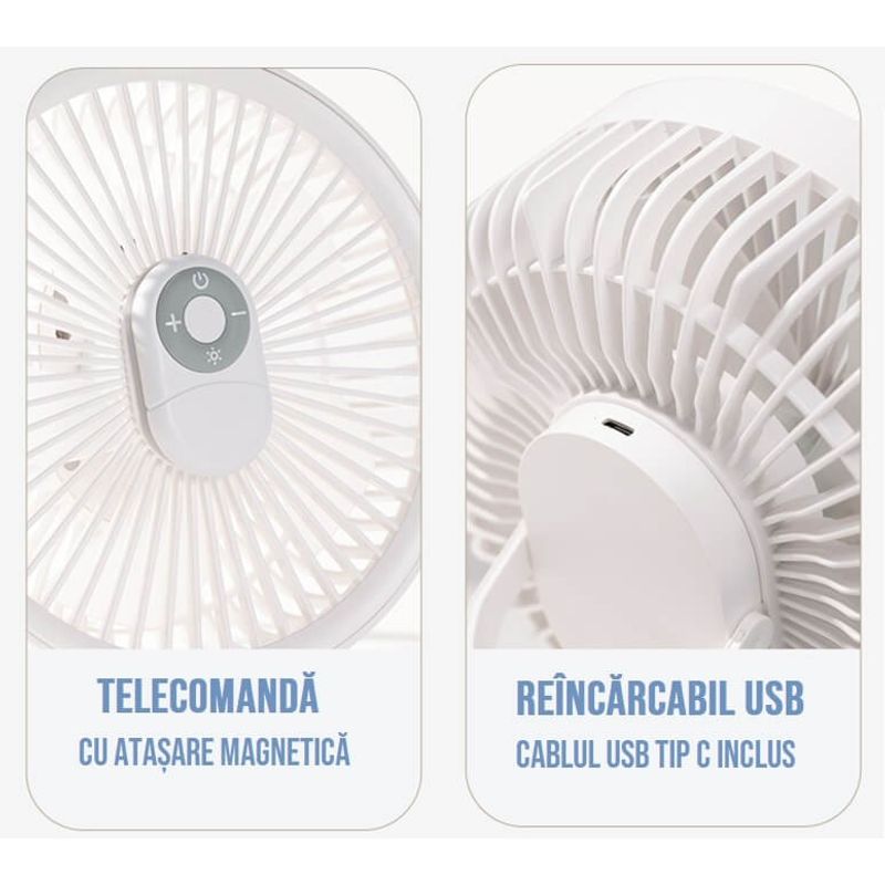 Electronice si Electrocasnice - Climatizare si sisteme de incalzire - Aparate racire aer - Ventilatoare - Ventilator cu carlig-suport portabil, Ideas4Comfort, portabil, telecomanda, reincarcabil USB, acumulatori 10W, 4000mAh - Infinity.ro