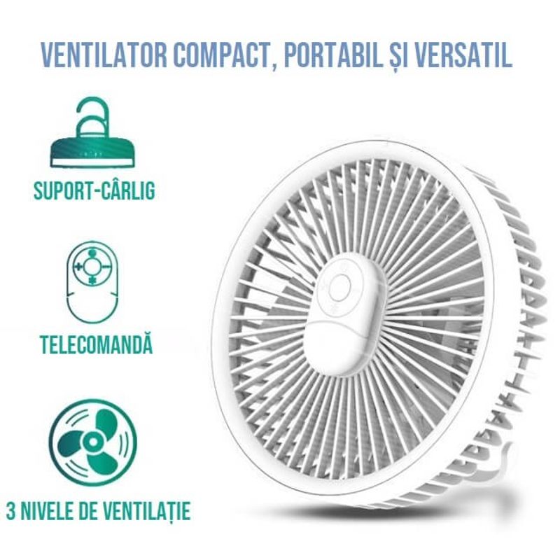 Electronice si Electrocasnice - Climatizare si sisteme de incalzire - Aparate racire aer - Ventilatoare - Ventilator cu carlig-suport portabil, Ideas4Comfort, portabil, telecomanda, reincarcabil USB, acumulatori 10W, 4000mAh - Infinity.ro