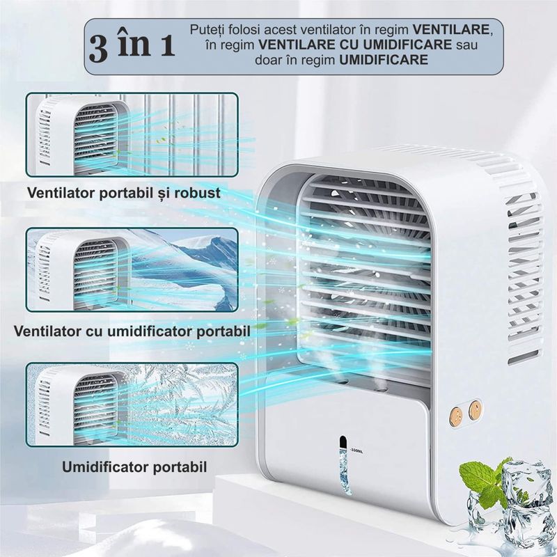 Electronice si Electrocasnice - Climatizare si sisteme de incalzire - Aparate racire aer - Ventilatoare - Ventilator cu umidificare portabil Ideas4Comfort, reincarcabil USB, 3 viteze, 2 moduri pulverizare - Infinity.ro