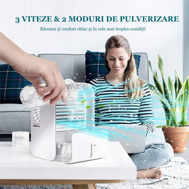 Electronice si Electrocasnice - Climatizare si sisteme de incalzire - Aparate racire aer - Ventilatoare - Ventilator cu umidificare portabil Ideas4Comfort, reincarcabil USB, 3 viteze, 2 moduri pulverizare - Infinity.ro