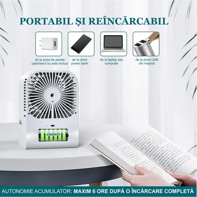 Electronice si Electrocasnice - Climatizare si sisteme de incalzire - Aparate racire aer - Ventilatoare - Ventilator cu umidificare portabil Ideas4Comfort, reincarcabil USB, 3 viteze, 2 moduri pulverizare - Infinity.ro