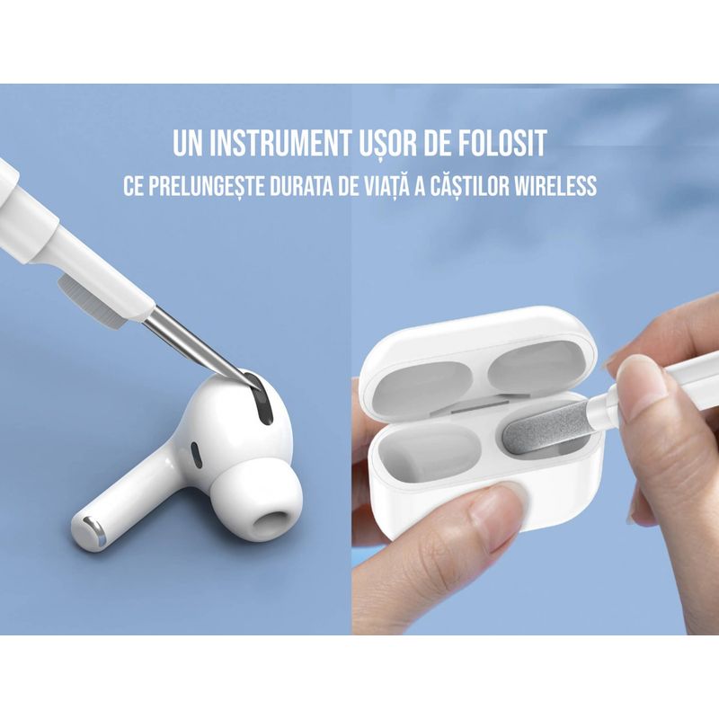TV, Audio-Video si Foto - Accesorii TV si audio - Produse de intretinere - Kit de curatare casti 3 in 1 pentru AirPods, Earbuds, casti wireless, smartphone, Ideas4comfort, universal, alb - Infinity.ro