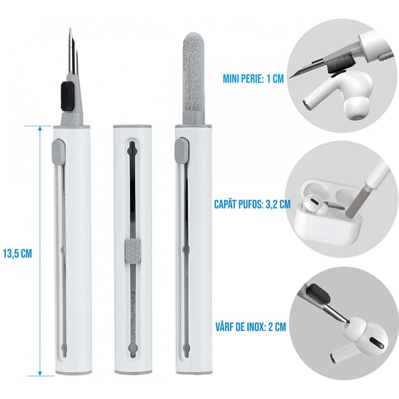 TV, Audio-Video si Foto - Accesorii TV si audio - Produse de intretinere - Kit de curatare casti 3 in 1 pentru AirPods, Earbuds, casti wireless, smartphone, Ideas4comfort, universal, alb - Infinity.ro