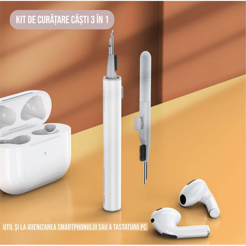 TV, Audio-Video si Foto - Accesorii TV si audio - Produse de intretinere - Kit de curatare casti 3 in 1 pentru AirPods, Earbuds, casti wireless, smartphone, Ideas4comfort, universal, alb - Infinity.ro