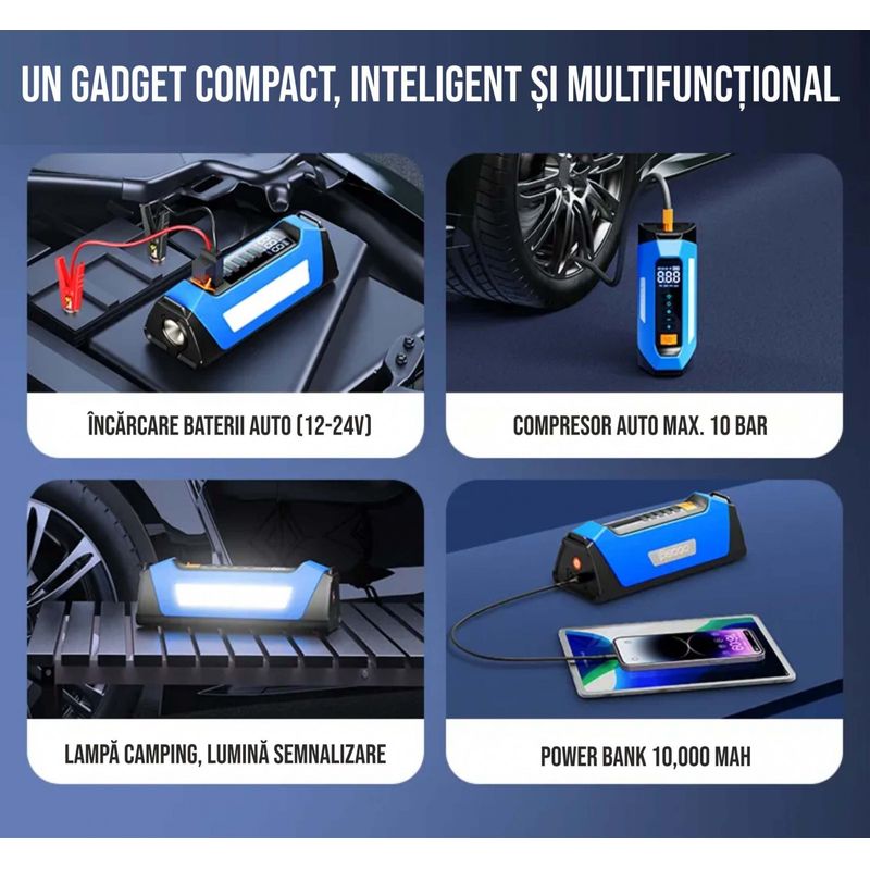 Auto si Moto - Reparatii si depanare - Compresoare auto - Compresor de aer cu redresor auto smart portabil, afisaj digital, cu lampa camping, baterie reincarcabila 10000 mAh - Infinity.ro
