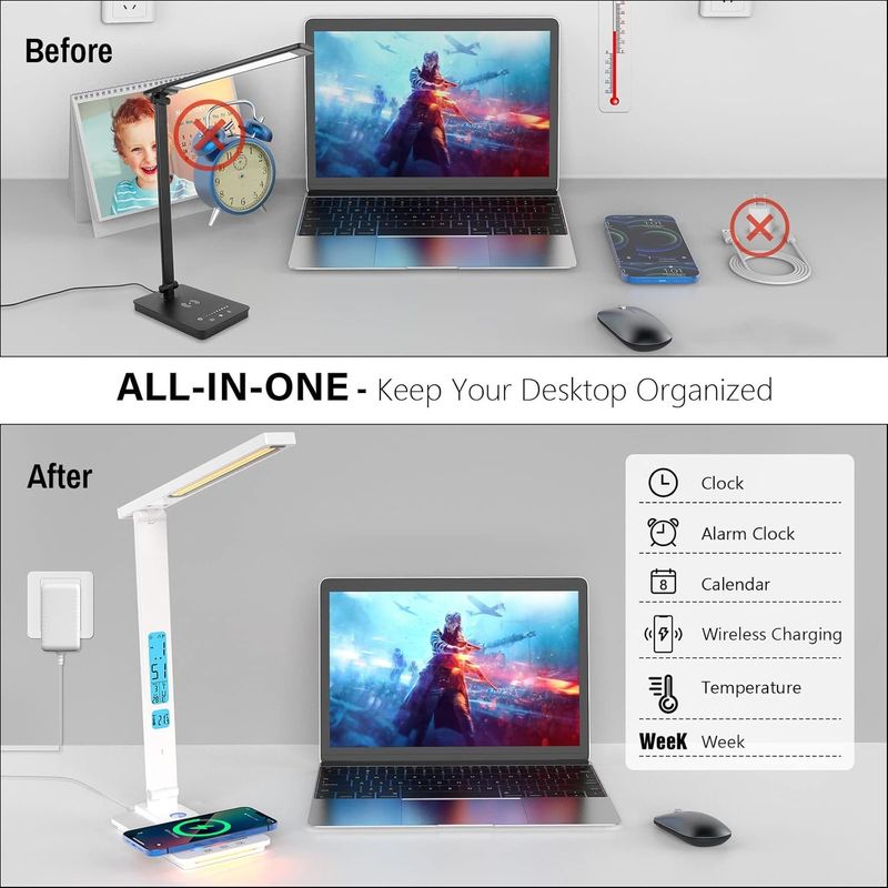 Casa si Gradina - Corpuri si surse de iluminat - Veioze si lampi - Veioze - Lampa de birou cu incarcarcator wireless pentru telefon iOs si Android, afisaj ora, data, temperatura - Infinity.ro
