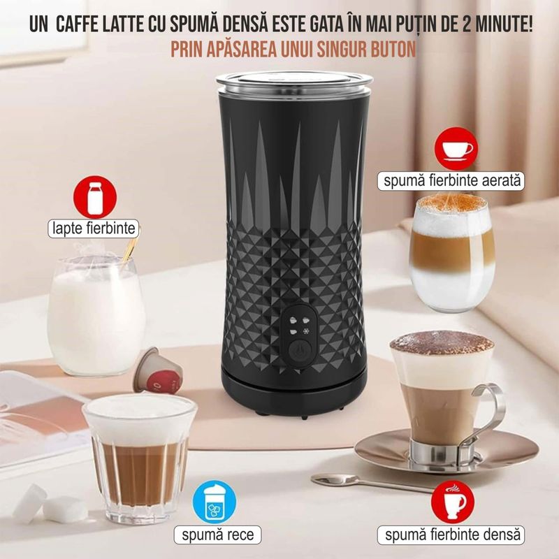 Electronice si Electrocasnice - Electrocasnice bucatarie - Preparare bauturi - Accesorii si consumabile aparate preparare bauturi - Aparat spuma lapte 4 in 1 pentru cafea tip Milk Frother, 240 ml, 400W, spuma calda rece latte, cappuccino, macchiato - Infinity.ro