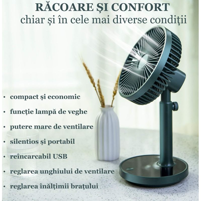 Electronice si Electrocasnice - Climatizare si sisteme de incalzire - Aparate racire aer - Ventilatoare - Ventilator portabil pentru birou, 5 W, acumulator 2000 mAh, brat extensibil, reincarcabil USB, alb Verde - Infinity.ro