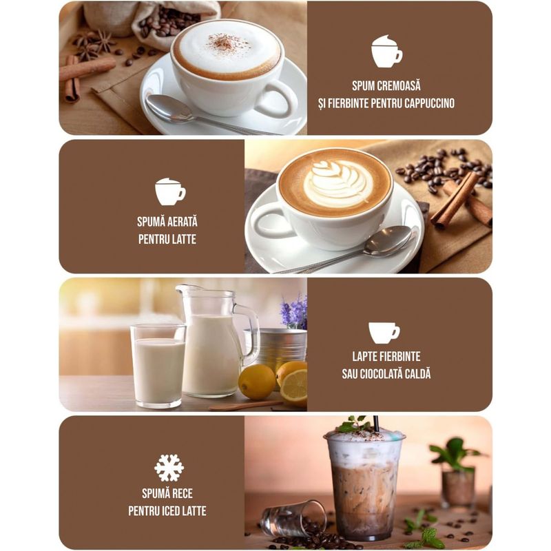 Electronice si Electrocasnice - Electrocasnice bucatarie - Preparare bauturi - Accesorii si consumabile aparate preparare bauturi - Aparat spuma lapte 4 in 1 pentru cafea tip Milk Frother, 240 ml, 400W, spuma calda rece latte, cappuccino, macchiato - Infinity.ro