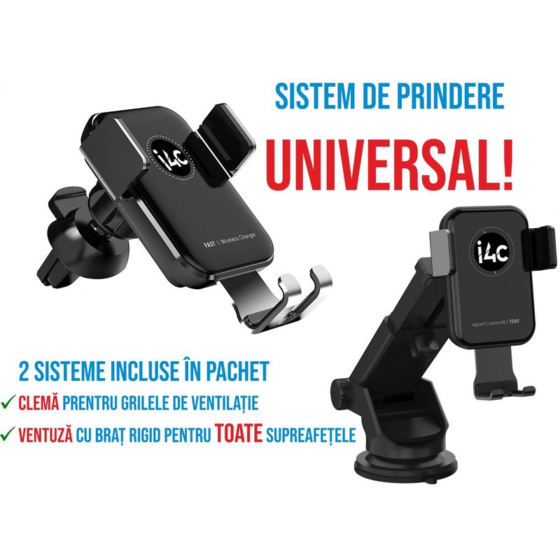 Auto si Moto - Piese auto si accesorii - Interior auto - Accesorii interior - Suport telefon auto wireless, prindere in grila ventilatie, incarcator wirelss universal Android si iOS - Infinity.ro