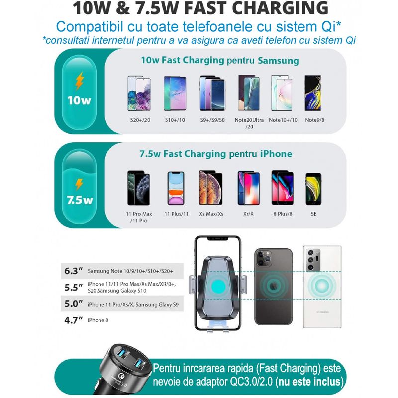 Auto si Moto - Piese auto si accesorii - Interior auto - Accesorii interior - Suport telefon auto wireless, prindere in grila ventilatie, incarcator wirelss universal Android si iOS - Infinity.ro