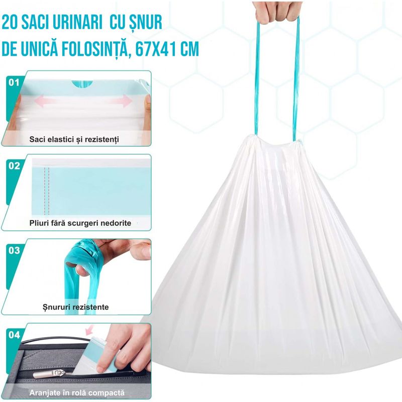 Ingrijire personala si Cosmetice - Ingrijire personala - Igiena intima - Produse incontinenta - Set 20 saci urinari de unica folosinta 67x41 cm cu snur si 20 de absorbanti urinari tip paduri 13x25 cm pentru plosca - Infinity.ro