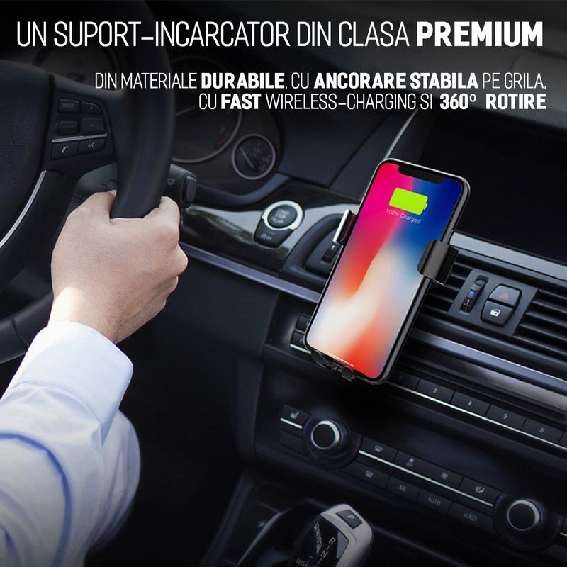 Auto si Moto - Piese auto si accesorii - Interior auto - Accesorii interior - Suport telefon auto wireless, prindere in grila ventilatie, incarcator wirelss universal Android si iOS - Infinity.ro