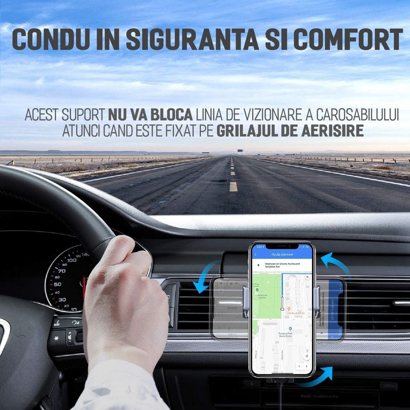 Auto si Moto - Piese auto si accesorii - Interior auto - Accesorii interior - Suport telefon auto wireless, prindere in grila ventilatie, incarcator wirelss universal Android si iOS - Infinity.ro