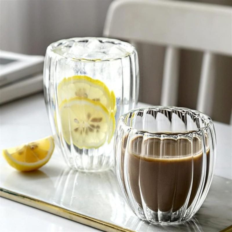Casa si Gradina - Bucatarie si vesela - Cani si pahare - Cani si cesti - Pahar dublu 250 ml cu striatii, set 1 2 4 6 pahare, din sticla borosilicata termorezistenta, design modern, cana cafea - Infinity.ro