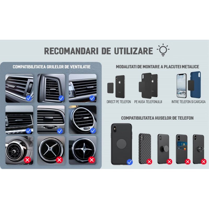 Auto si Moto - Piese auto si accesorii - Interior auto - Accesorii interior - Suport auto magnetic pentru telefon cu prindere in grila de ventilatie cu sistem inovativ clema-carlig - Infinity.ro