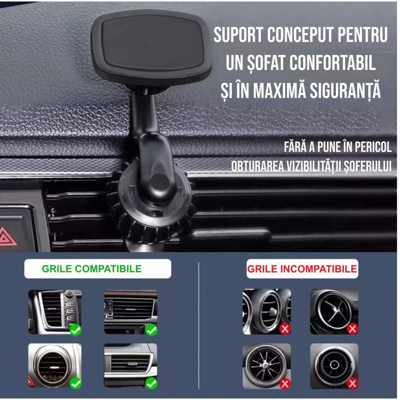 Auto si Moto - Piese auto si accesorii - Interior auto - Accesorii interior - Suport auto magnetic pentru telefon cu prindere in grila de ventilatie cu sistem inovativ clema-carlig - Infinity.ro