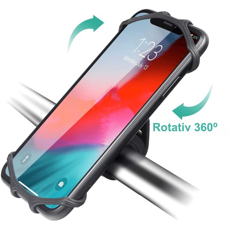 Sport si Outdoor - Ciclism - Accesorii pentru biciclete - Suporturi accesorii biciclete - Suport telefon bicicleta, din silicon, rotativ 360, montaj pe ghidon, pentru carucior si trotineta, carut, scuter, negru - Infinity.ro