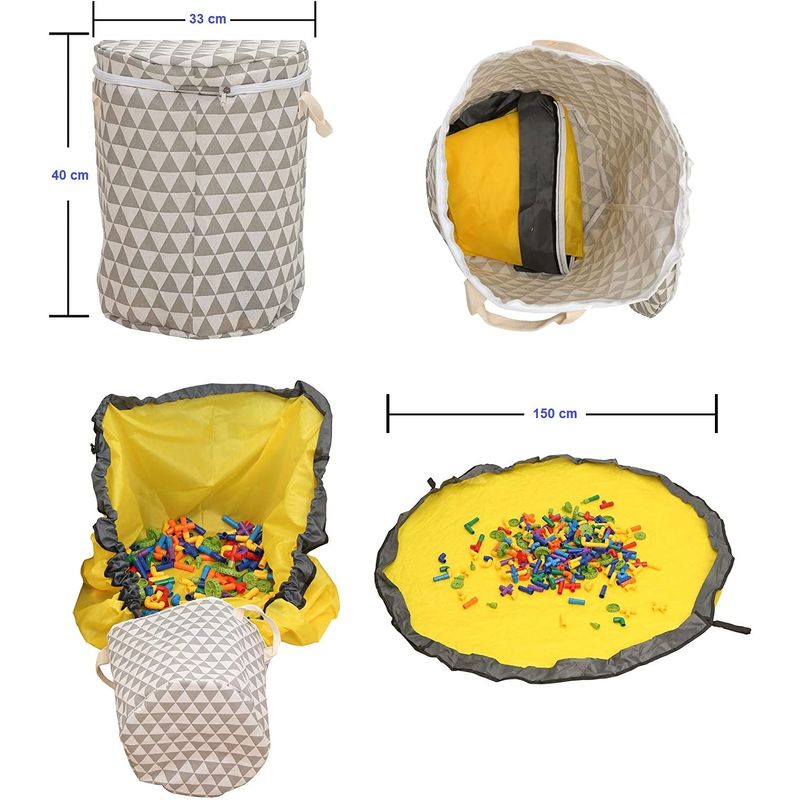 Casa si Gradina - Textile si covoare - Covoare - Covoare copii - Covor de joaca LEGO si cos organizator jucarii transportabil, diametru 150 cm, triunghiuri, alb gri Alb/Gri - Infinity.ro
