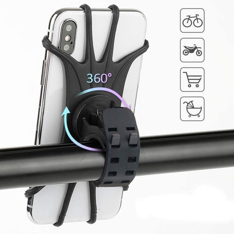 Sport si Outdoor - Ciclism - Accesorii pentru biciclete - Suporturi accesorii biciclete - Suport telefon bicicleta, din silicon, rotativ 360, montaj pe ghidon, pentru carucior si trotineta, carut, scuter, negru - Infinity.ro