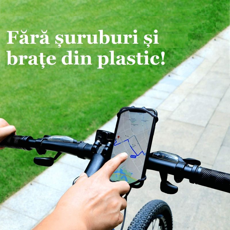 Sport si Outdoor - Ciclism - Accesorii pentru biciclete - Suporturi accesorii biciclete - Suport telefon bicicleta, din silicon, rotativ 360, montaj pe ghidon, pentru carucior si trotineta, carut, scuter, negru - Infinity.ro