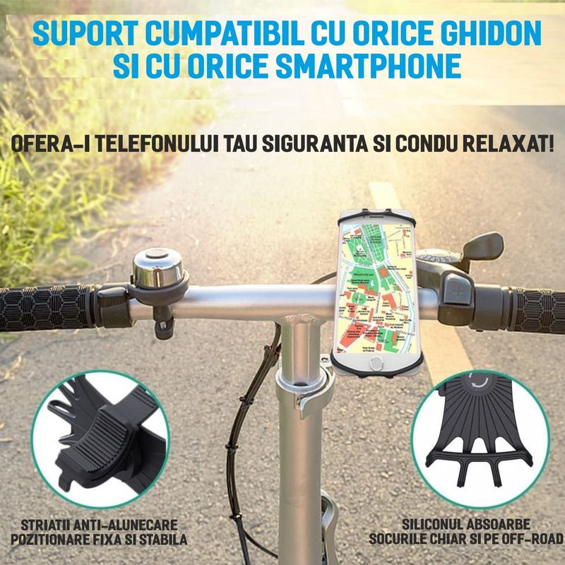 Sport si Outdoor - Ciclism - Accesorii pentru biciclete - Suporturi accesorii biciclete - Suport telefon bicicleta, din silicon, rotativ 360, montaj pe ghidon, pentru carucior si trotineta, carut, scuter, negru - Infinity.ro