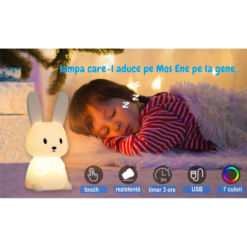 Casa si Gradina - Corpuri si surse de iluminat - Veioze si lampi - Lampi de veghe copii - Lampa de veghe portabila cu 7 culori LED, temporizator 3 ore, silicon BPA-free, reincarcabila USB, touch-control - Infinity.ro