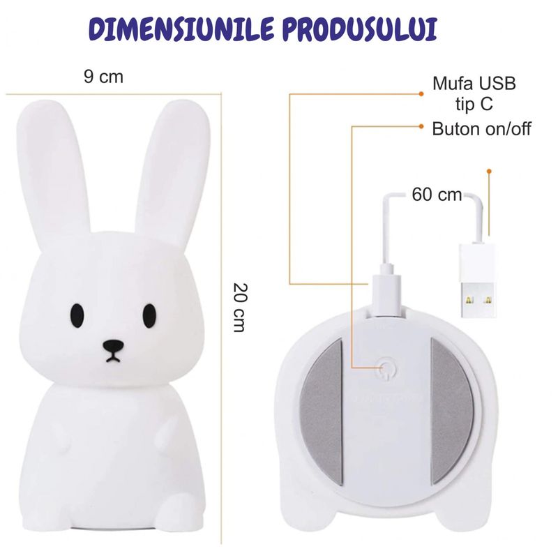 Casa si Gradina - Corpuri si surse de iluminat - Veioze si lampi - Lampi de veghe copii - Lampa de veghe portabila cu 7 culori LED, temporizator 3 ore, silicon BPA-free, reincarcabila USB, touch-control - Infinity.ro