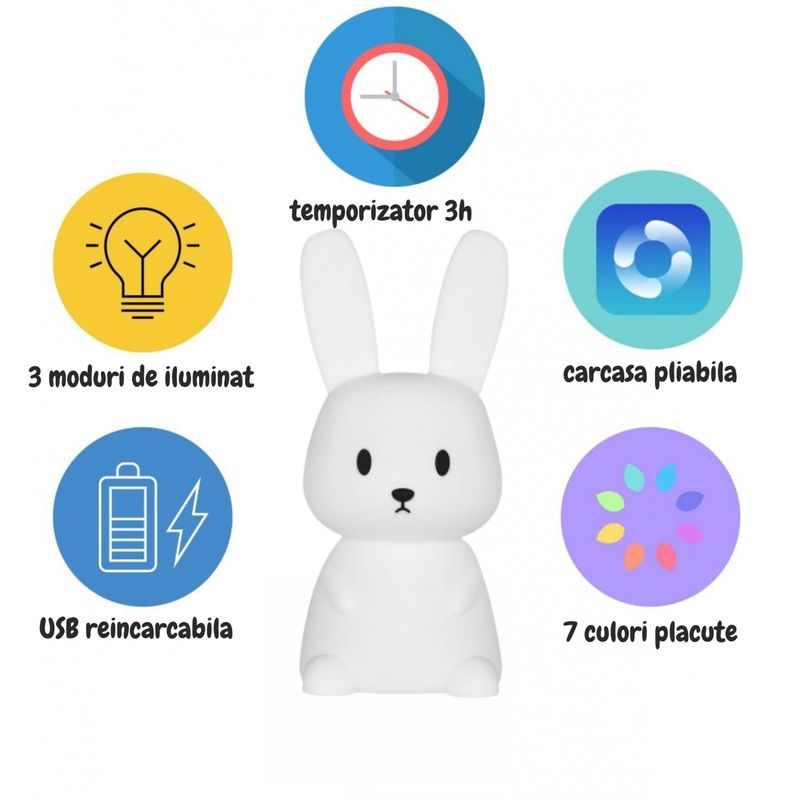 Casa si Gradina - Corpuri si surse de iluminat - Veioze si lampi - Lampi de veghe copii - Lampa de veghe portabila cu 7 culori LED, temporizator 3 ore, silicon BPA-free, reincarcabila USB, touch-control - Infinity.ro