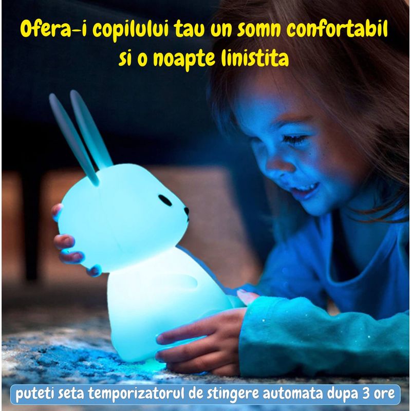 Casa si Gradina - Corpuri si surse de iluminat - Veioze si lampi - Lampi de veghe copii - Lampa de veghe portabila cu 7 culori LED, temporizator 3 ore, silicon BPA-free, reincarcabila USB, touch-control - Infinity.ro