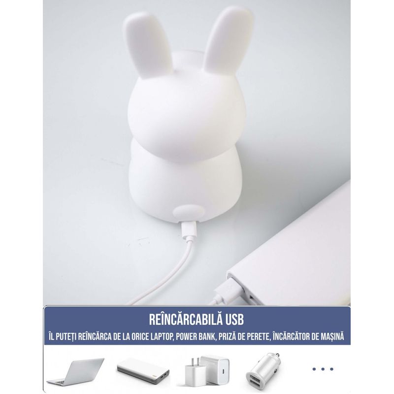 Casa si Gradina - Corpuri si surse de iluminat - Veioze si lampi - Lampi de veghe copii - Lampa de veghe portabila cu 7 culori LED, temporizator 3 ore, silicon BPA-free, reincarcabila USB, touch-control - Infinity.ro