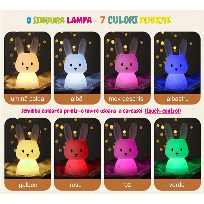Casa si Gradina - Corpuri si surse de iluminat - Veioze si lampi - Lampi de veghe copii - Lampa de veghe portabila cu 7 culori LED, temporizator 3 ore, silicon BPA-free, reincarcabila USB, touch-control - Infinity.ro