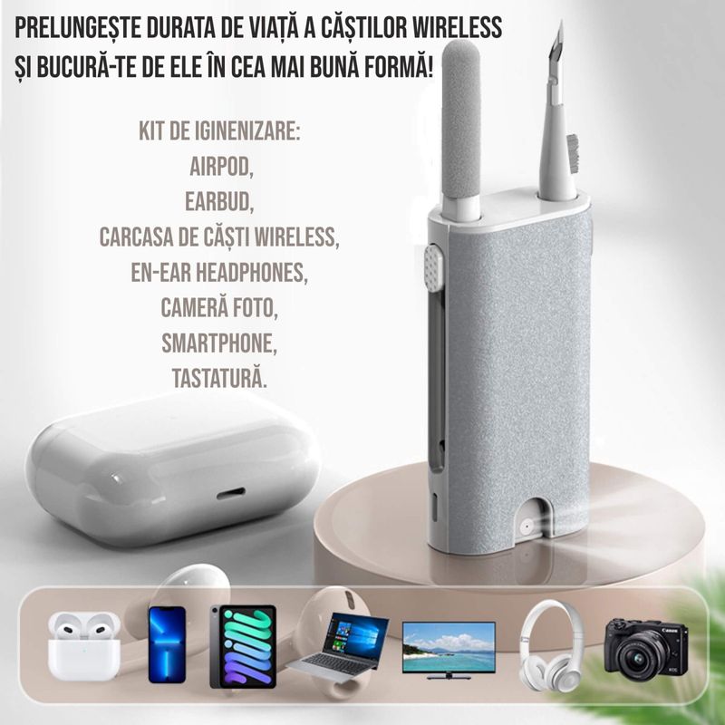 TV, Audio-Video si Foto - Accesorii TV si audio - Produse de intretinere - Kit de curatare 5 in 1 pentru AirPods, Earbuds, casti wireless, smartphone, tastatura, bord masina, Ideas4comfort - Infinity.ro