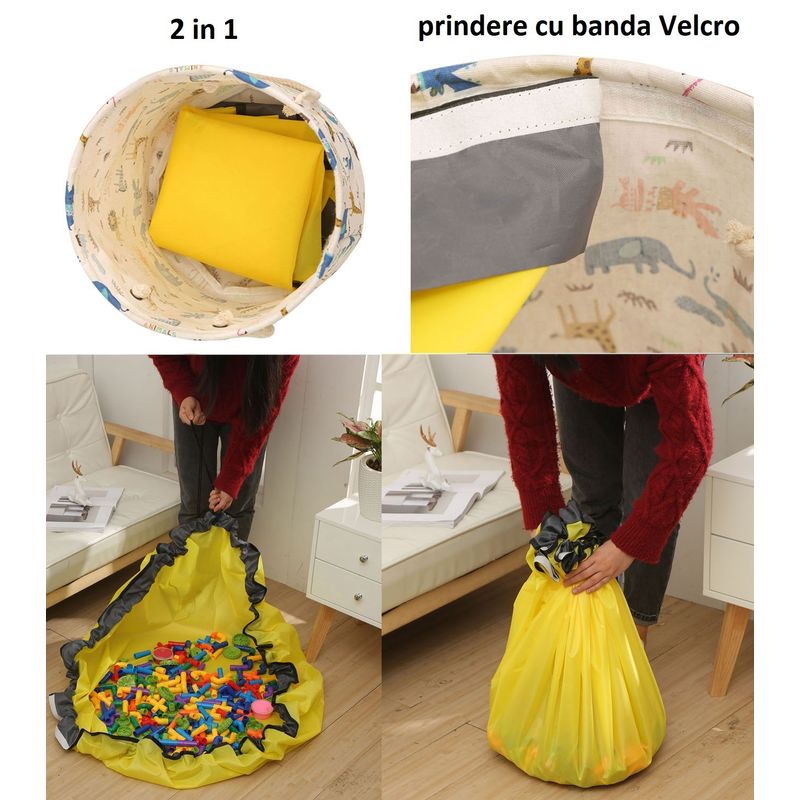 Casa si Gradina - Textile si covoare - Covoare - Covoare copii - Covor de joaca LEGO si cos organizator jucarii transportabil, covoras diametru 150 cm, animalute, alb albastru Alb - Infinity.ro