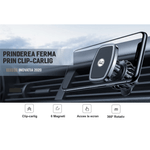 Auto si Moto - Piese auto si accesorii - Interior auto - Accesorii interior - Suport auto magnetic telefon, prindere in grila ventilatie, clema-carlig, rotire 360, Universal, negru - Infinity.ro