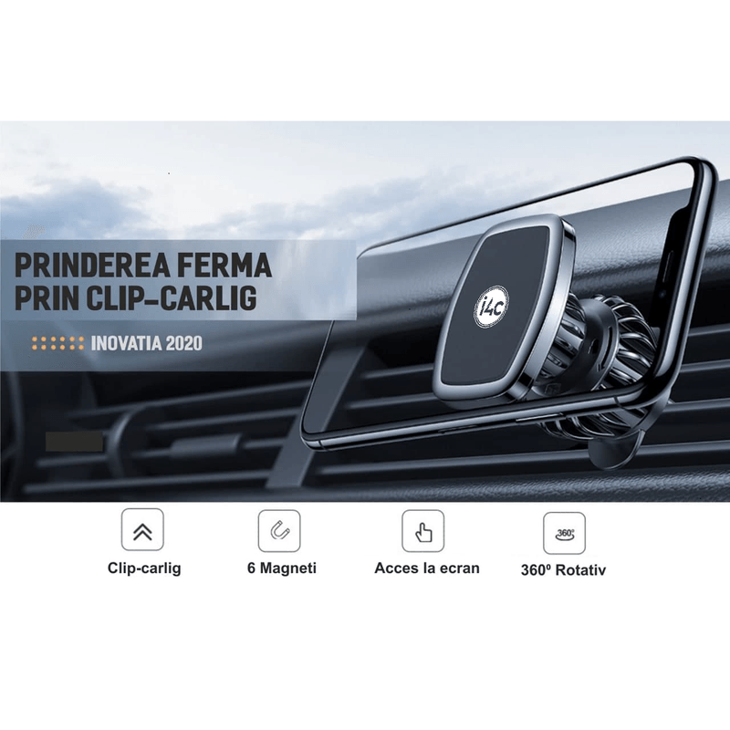 Auto si Moto - Piese auto si accesorii - Interior auto - Accesorii interior - Suport auto magnetic telefon, prindere in grila ventilatie, clema-carlig, rotire 360, Universal, negru - Infinity.ro