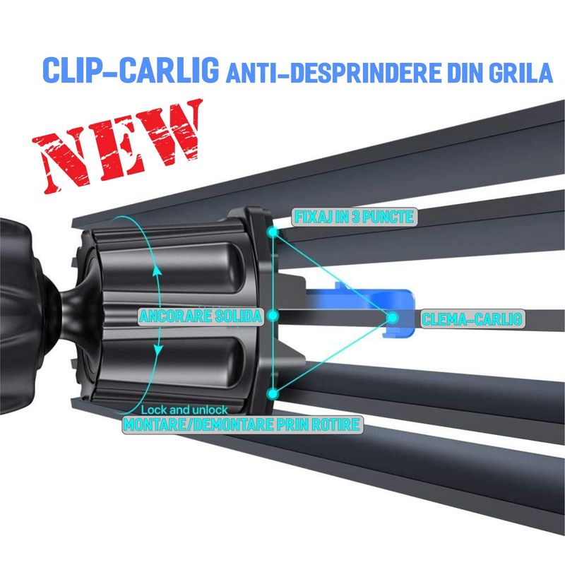 Auto si Moto - Piese auto si accesorii - Interior auto - Accesorii interior - Suport auto magnetic telefon, prindere in grila ventilatie, clema-carlig, rotire 360, Universal, negru - Infinity.ro