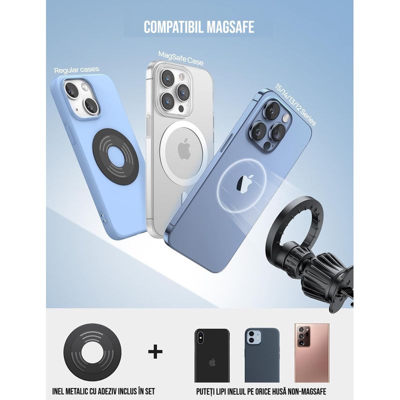 Auto si Moto - Electronice auto - Accesorii electronice auto - Suport de telefon cu MagSafe pentru masina, 20 de magneti puternici, suport magnetic pentru grila de ventilatie auto - Infinity.ro