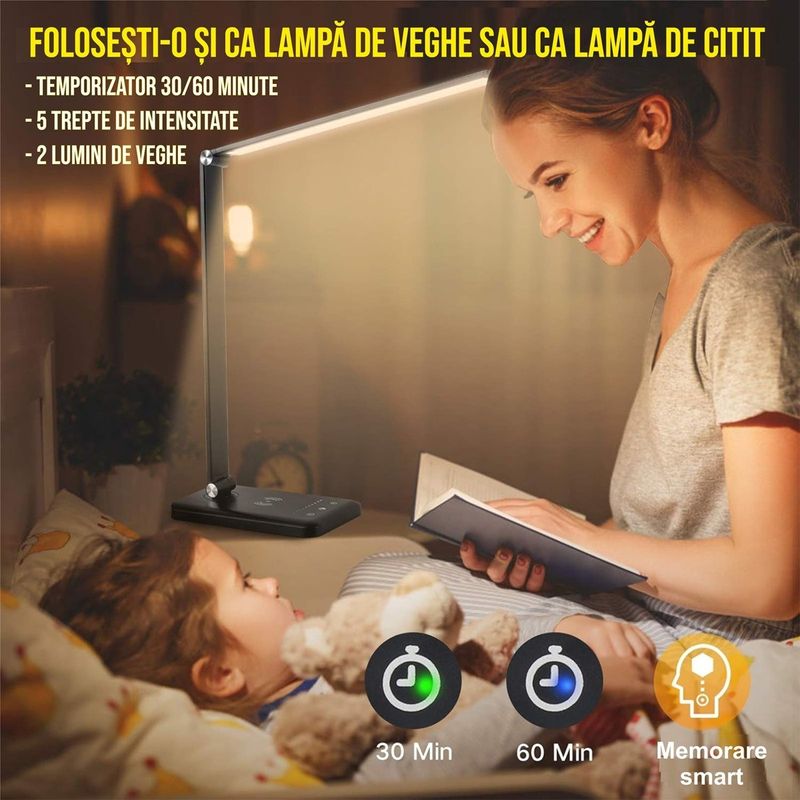 Casa si Gradina - Corpuri si surse de iluminat - Veioze si lampi - Veioze - Lampa de birou LED cu incarcare wireless pentru iOs si Android, pliabila, touch control - Infinity.ro