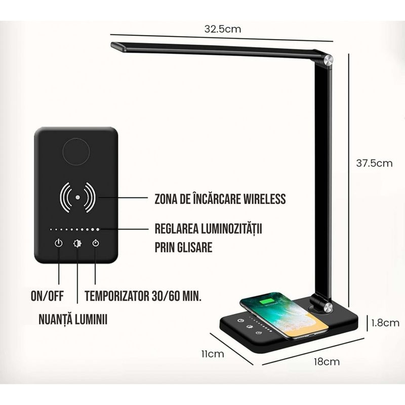Casa si Gradina - Corpuri si surse de iluminat - Veioze si lampi - Veioze - Lampa de birou LED cu incarcare wireless pentru iOs si Android, pliabila, touch control - Infinity.ro