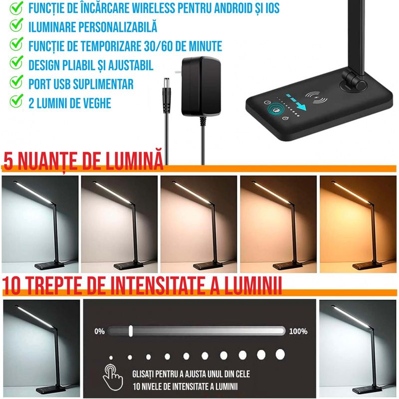 Casa si Gradina - Corpuri si surse de iluminat - Veioze si lampi - Veioze - Lampa de birou LED cu incarcare wireless pentru iOs si Android, pliabila, touch control - Infinity.ro