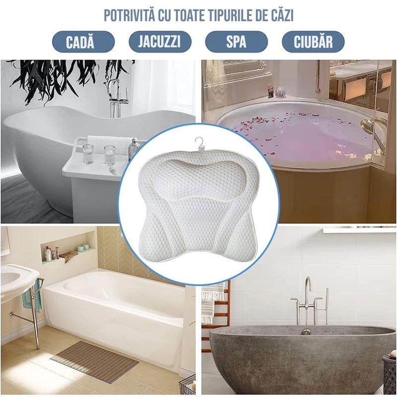 Casa si Gradina - Sanitare - Cazi si cabine de dus - Accesorii cada - Perna baie pentru cada, 6 ventuze, ergonimica, suport cap barbati si femei, 3D Mesh - Infinity.ro
